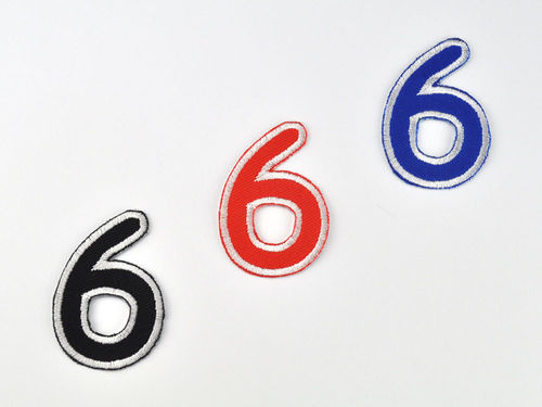 Aufnäher Zahl "6", Comic Sans; Höhe 8 cm mit Bügelbeschichtung  -  verschiedene Farben
