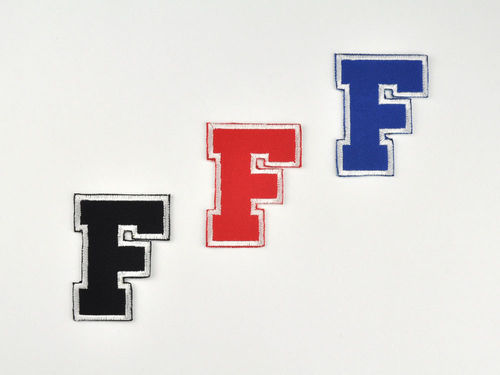 Aufnäher Buchstabe "F", College Style, Höhe 5 cm mit Bügelbeschichtung  -  verschiedene Farben
