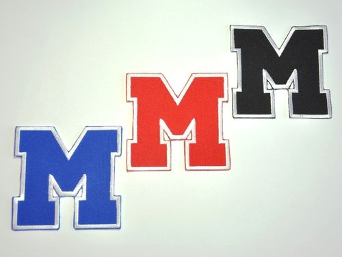 Aufnäher Buchstabe "M", College Style, Höhe 8 cm mit Bügelbeschichtung  -  verschiedene Farben