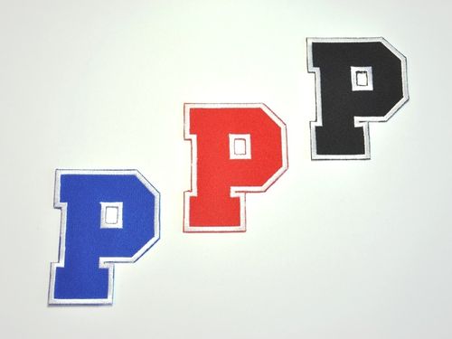 Aufnäher Buchstabe "P", College Style, Höhe 8 cm mit Bügelbeschichtung  -  verschiedene Farben