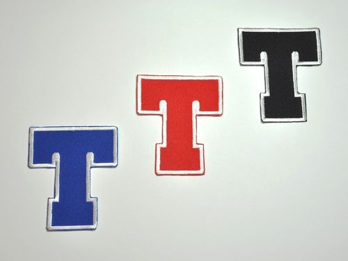 Aufnäher Buchstabe "T", College Style, Höhe 8 cm mit Bügelbeschichtung  -  verschiedene Farben