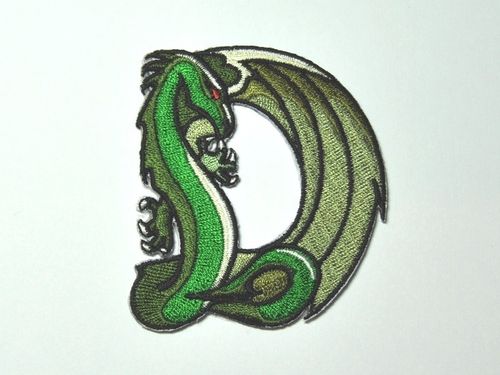 Aufnäher Buchstabe "D", Drachen, grün, Grundhöhe 7 cm mit Bügelbeschichtung
