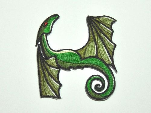 Aufnäher Buchstabe "H", Drachen, grün, Grundhöhe 7 cm mit Bügelbeschichtung