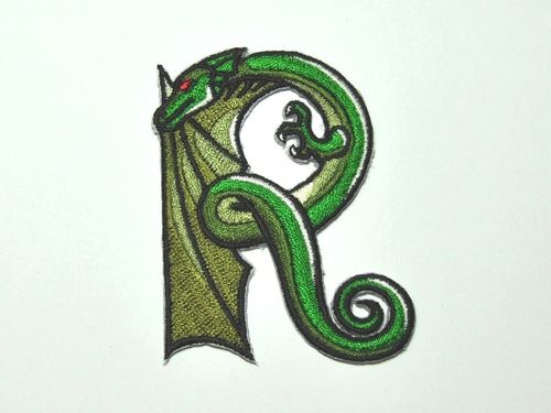Aufnäher Buchstabe "R", Drachen, grün, Grundhöhe 7 cm mit Bügelbeschichtung