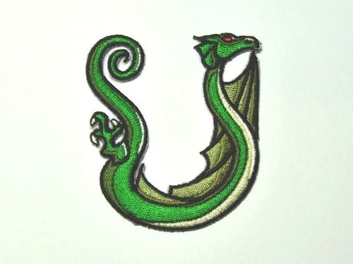Aufnäher Buchstabe "U", Drachen, grün, Grundhöhe 7 cm mit Bügelbeschichtung