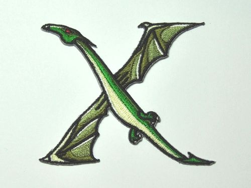 Aufnäher Buchstabe "X", Drachen, grün, Grundhöhe 7 cm mit Bügelbeschichtung