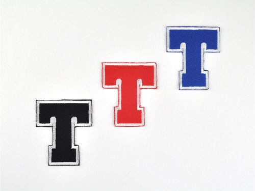 Aufnäher Buchstabe "T", College Style, Höhe 5 cm mit Bügelbeschichtung  -  verschiedene Farben