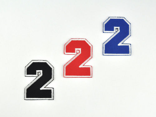 Aufnäher Zahl "2", College Style, Höhe 5 cm mit Bügelbeschichtung  -  verschiedene Farben