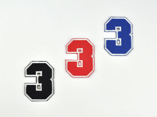 Aufnäher Zahl "3", College Style, Höhe 5 cm mit Bügelbeschichtung  -  verschiedene Farben