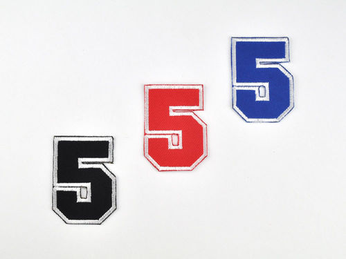Aufnäher Zahl "5", College Style, Höhe 5 cm mit Bügelbeschichtung  -  verschiedene Farben