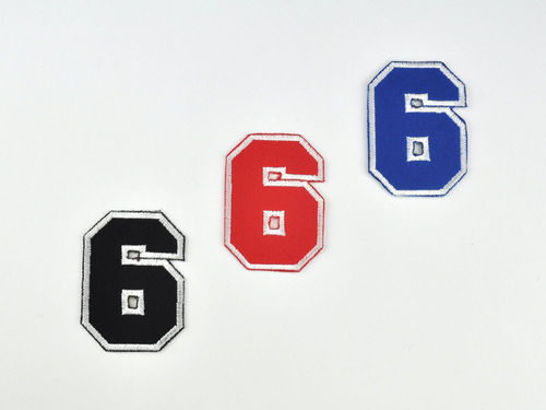 Aufnäher Zahl "6", College Style, Höhe 5 cm mit Bügelbeschichtung  -  verschiedene Farben
