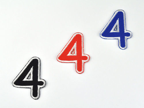 Aufnäher Zahl "4", Comic Sans; Höhe 8 cm mit Bügelbeschichtung  -  verschiedene Farben