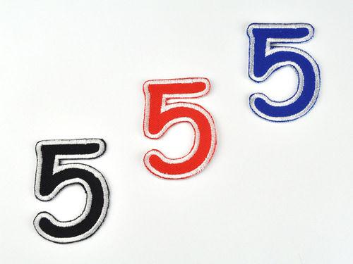 Aufnäher Zahl "5", Comic Sans; Höhe 8 cm mit Bügelbeschichtung  -  verschiedene Farben