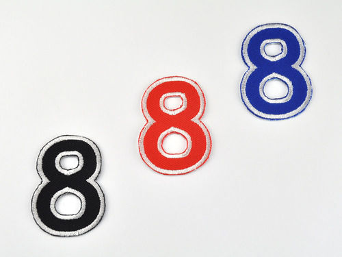 Aufnäher Zahl "8", Comic Sans; Höhe 8 cm mit Bügelbeschichtung  -  verschiedene Farben
