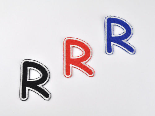 Aufnäher Buchstabe "R", Comic Sans, Höhe 5 cm mit Bügelbeschichtung  -  verschiedene Farben