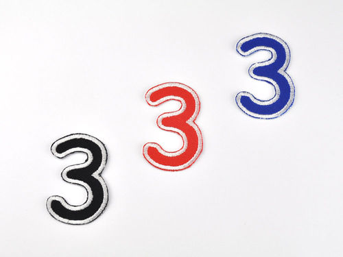 Aufnäher Zahl "3", Comic Sans, Höhe 5 cm mit Bügelbeschichtung  -  verschiedene Farben