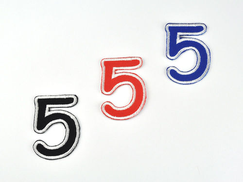 Aufnäher Zahl "5", Comic Sans, Höhe 5 cm mit Bügelbeschichtung  -  verschiedene Farben