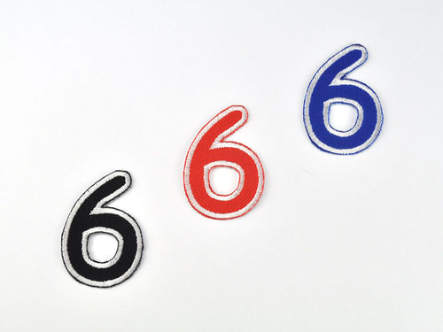 Aufnäher Zahl "6", Comic Sans, Höhe 5 cm mit Bügelbeschichtung  -  verschiedene Farben
