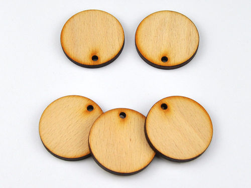 5er Set Holztaler rund, Größe 35 mm, mit Aufhängeloch, Rohlinge, Scheiben aus Holz