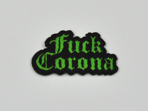 Aufnäher für die Maske 'FUCK CORONA' grün/ schwarz, Größe 2,5 x 1,3 cm - mit Bügelbeschichtung